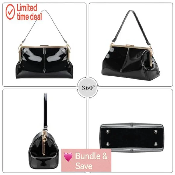Vintage Kiss Lock Patent Leather Evening Clutch with Two Straps